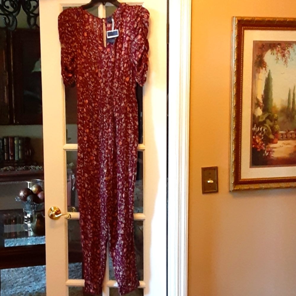 Kaari Blue maroon sage tan floral jumpsuit POCKETS ruffled neckline size SP New…